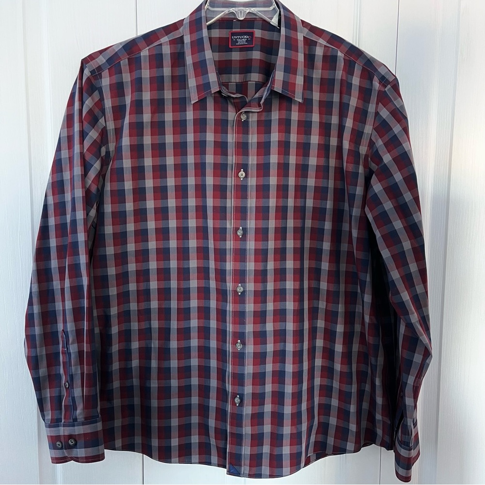 Untuckit XXX-L Red Blue Gray Plaid Button Up Men’s Shirt Wrinkle Free Cotton